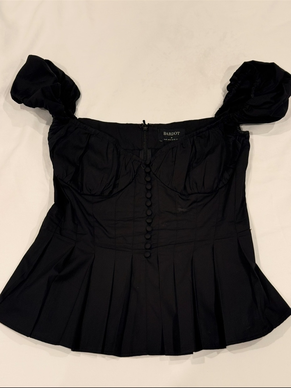Bardot Black Sweetheart Puff-Sleeve Button Peplum Top